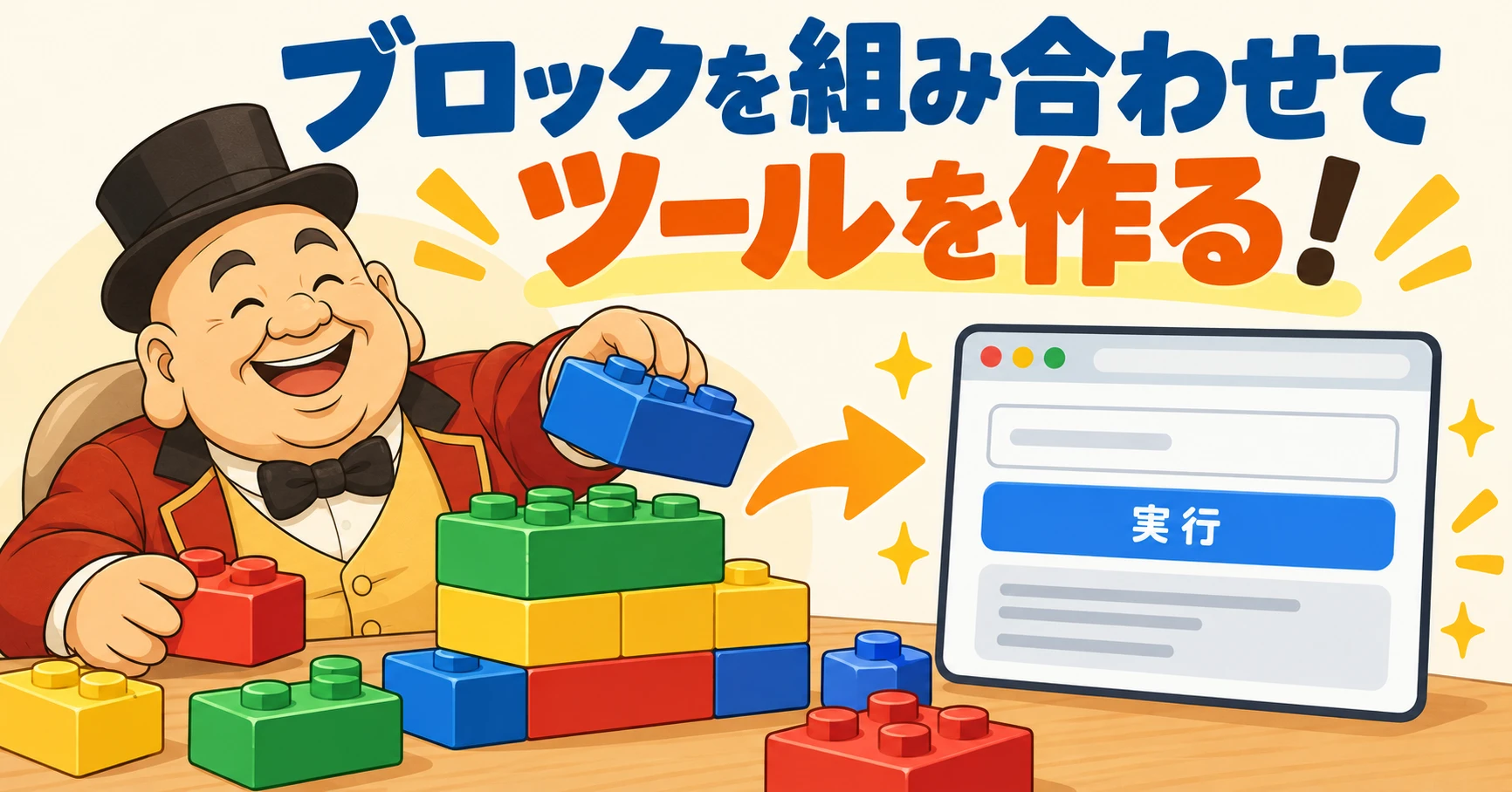 ブロックを組み合わせてツールを作る!二仙がブロックを積み上げ、その先に「実行」ボタンのあるツールの画面があります。