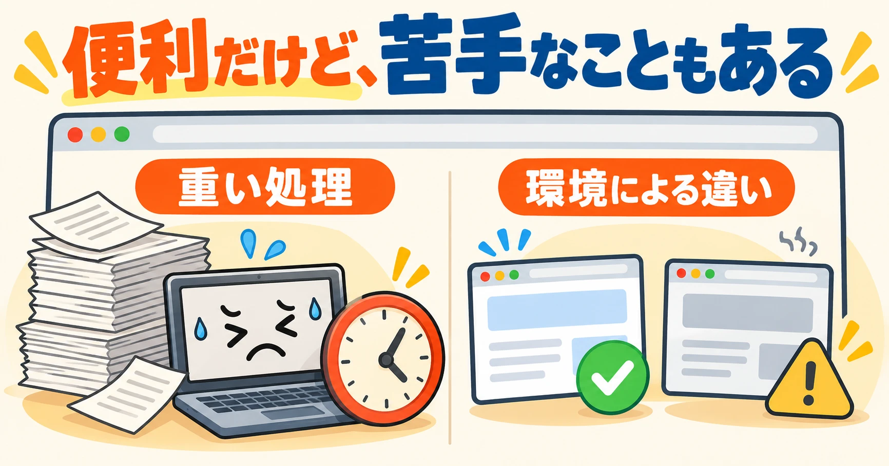 便利だけど、苦手なこともある。左は重い処理で、書類の山の前で困っているパソコンと時計。右は環境による違いで、同じページでも表示が違う2つのブラウザです。