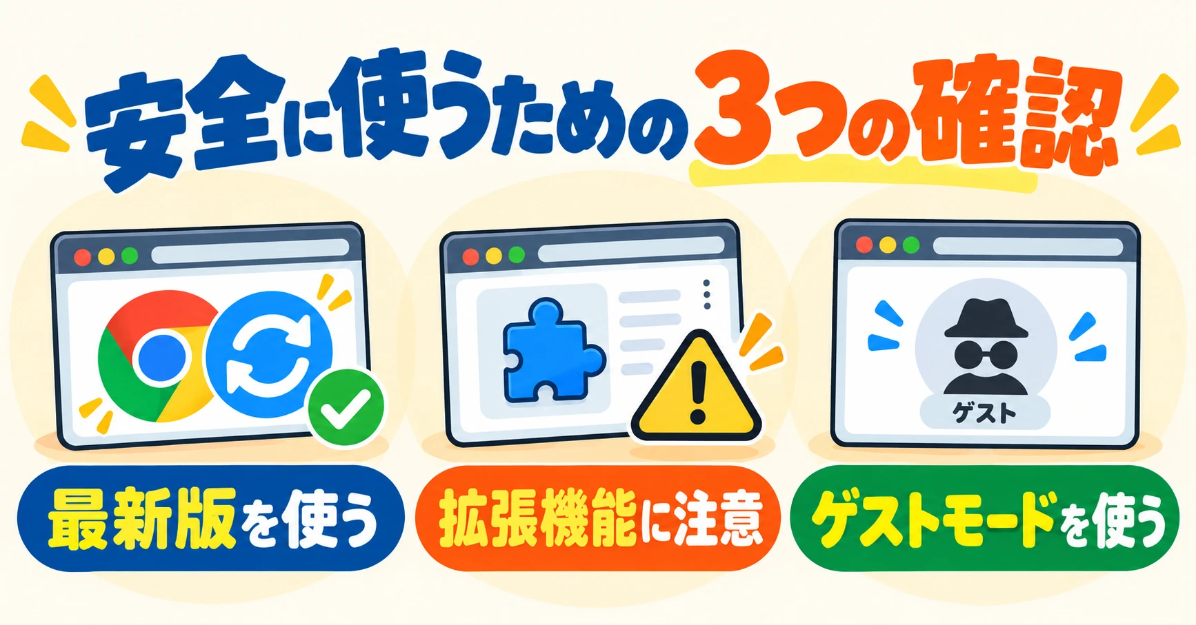 安全に使うための3つの確認。最新版を使う、拡張機能に注意、ゲストモードを使う、の3つが並んでいます。