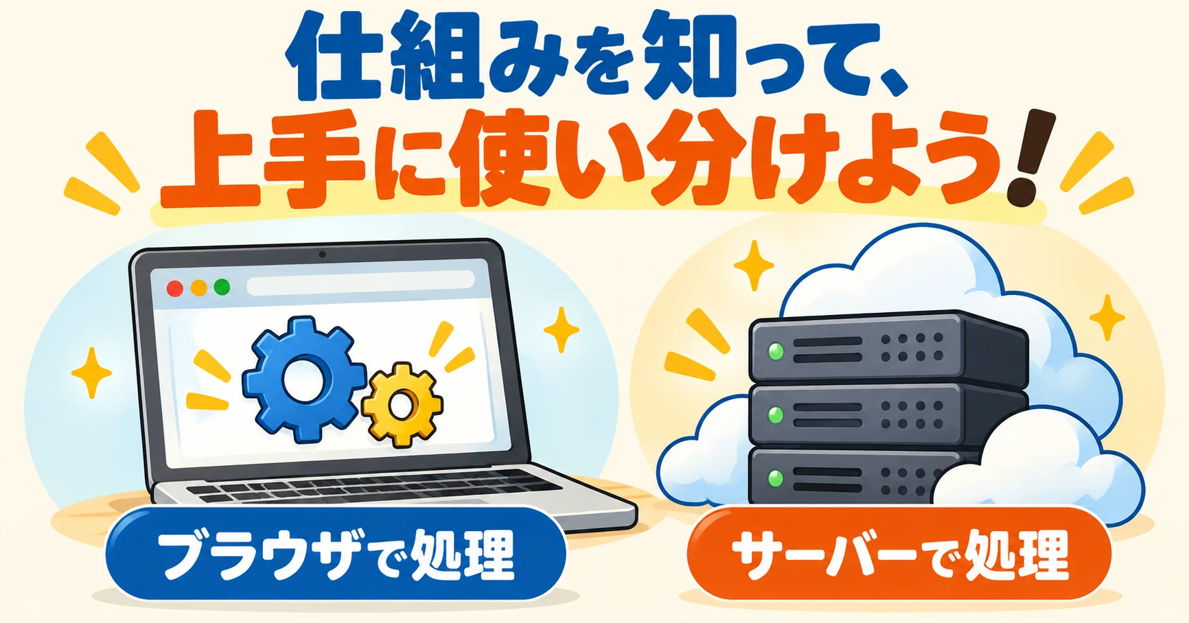 仕組みを知って、上手に使い分けよう!左はブラウザで処理するノートパソコン、右はサーバーで処理するサーバーです。