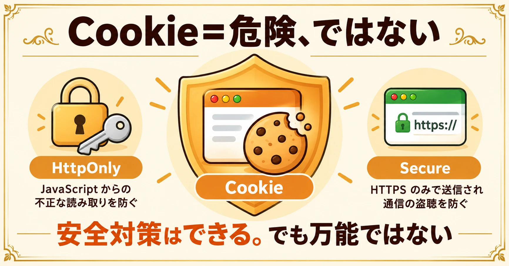 Cookie＝危険、ではない。HttpOnlyはJavaScriptからの不正な読み取りを防ぎ、SecureはHTTPSのみで送信して通信の盗聴を防ぎます。安全対策はできる。でも万能ではない。