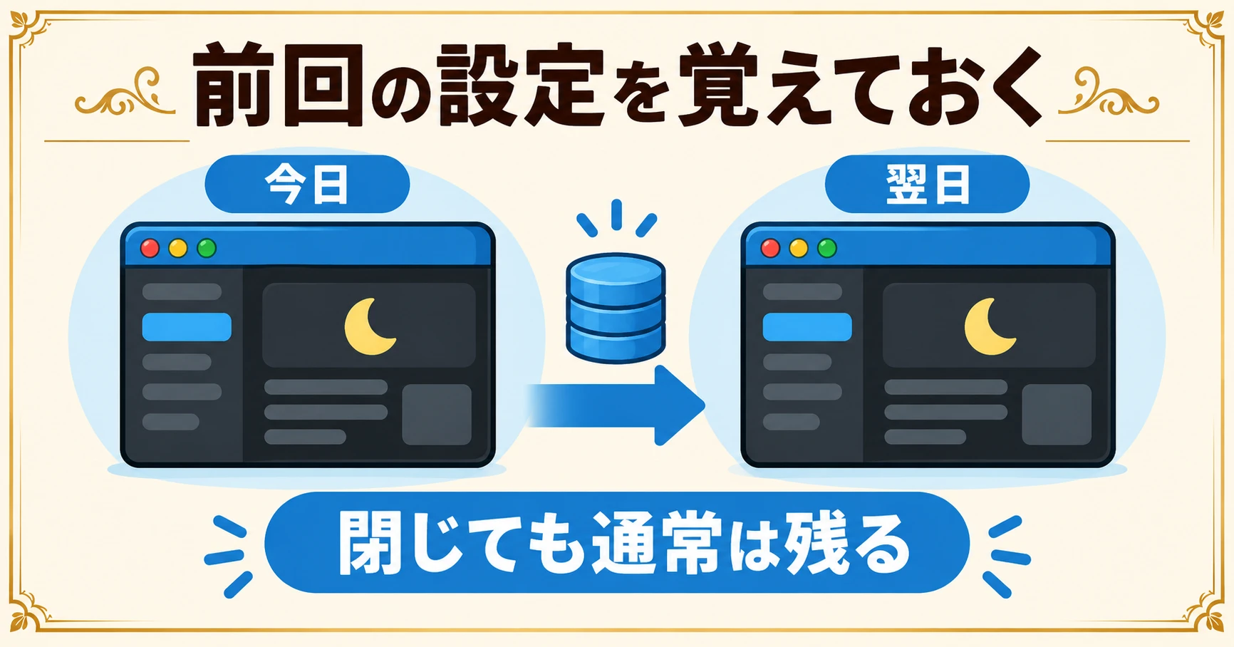 前回の設定を覚えておく。今日ダークモードにしたブラウザの画面が、翌日もダークモードのまま表示されています。閉じても通常は残る。