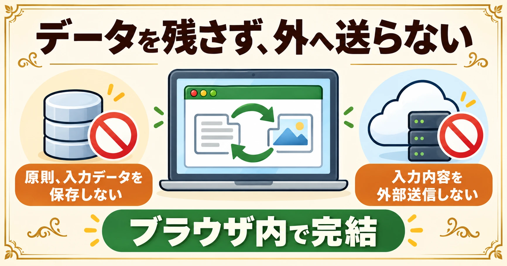 データを残さず、外へ送らない。原則、入力データを保存しない。入力内容を外部送信しない。ブラウザ内で完結。
