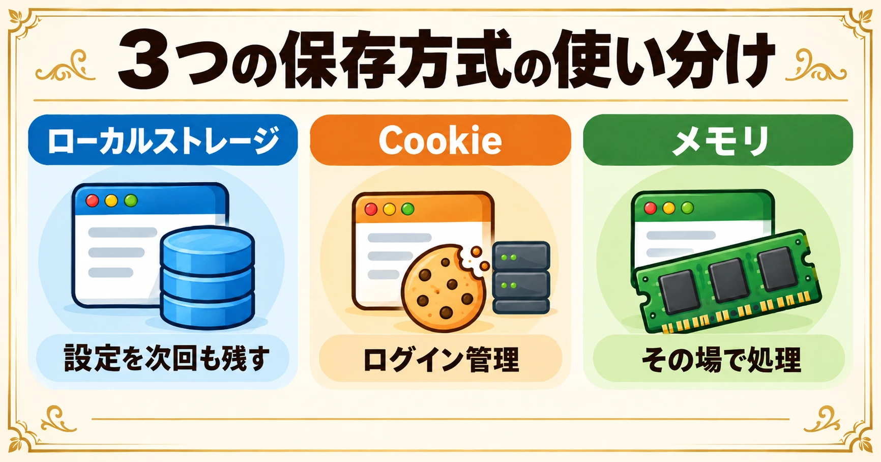 ３つの保存方式の使い分け。ローカルストレージは設定を次回も残す、Cookieはログイン管理、メモリはその場で処理。