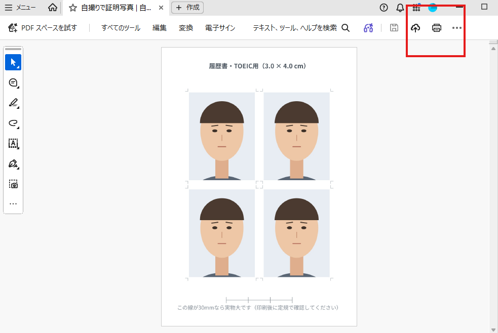 AcrobatでPDFを開いた画面。右上の印刷アイコンのあたりが赤枠で囲まれています。