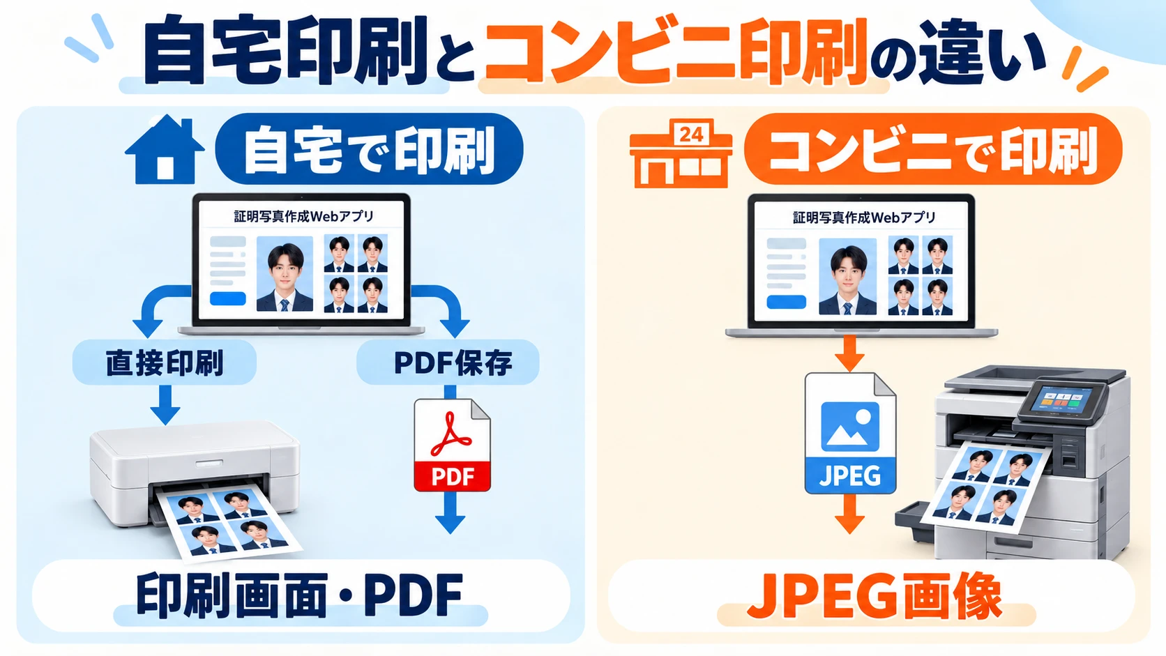 自宅印刷とコンビニ印刷の違い。自宅では直接印刷またはPDF保存で、印刷画面・PDFを使います。コンビニではJPEG画像を保存してマルチコピー機で印刷します。