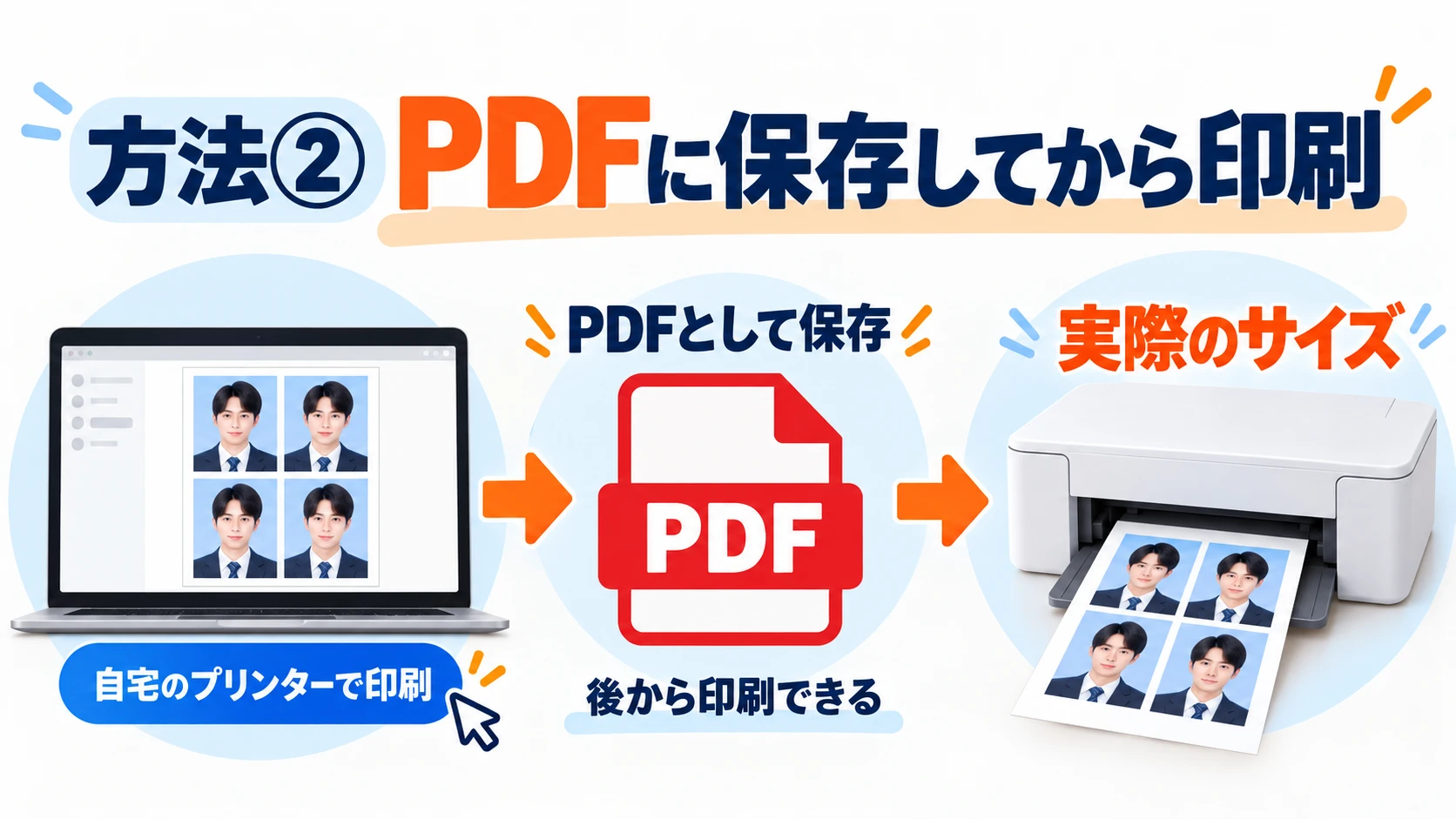 方法② PDFに保存してから印刷。「自宅のプリンターで印刷」からPDFとして保存し、後から実際のサイズで印刷できます。